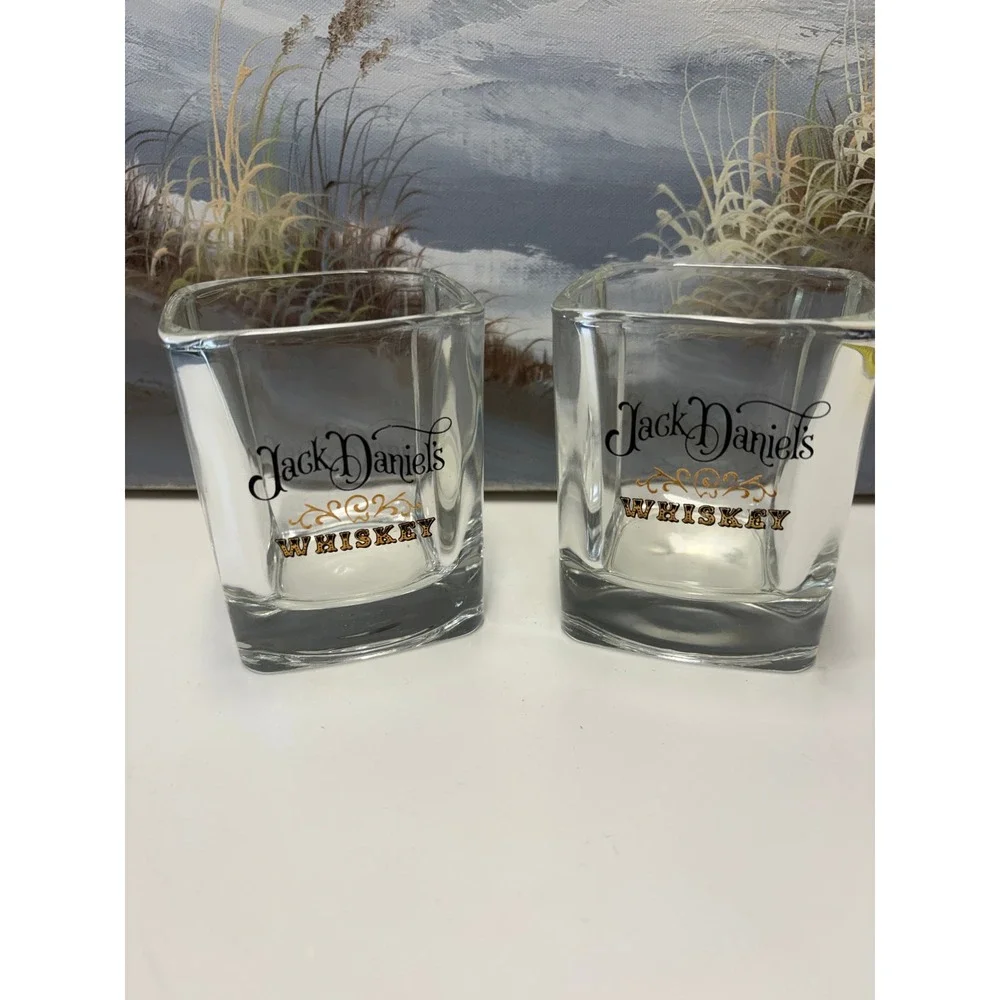 Jack Daniels Whiskey Shot Glasses‎ Set of 2 Square Tapered Clear Barware Logo
